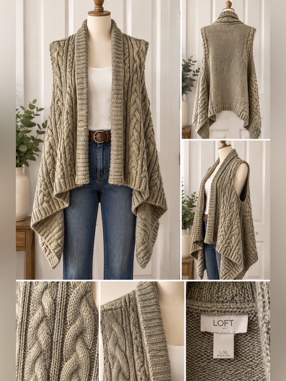 LOFT Cable Knit Waterfall Sweater Vest L/XL
